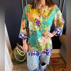 CAbi Multicolor Floral Blouse silk with Blue Accents